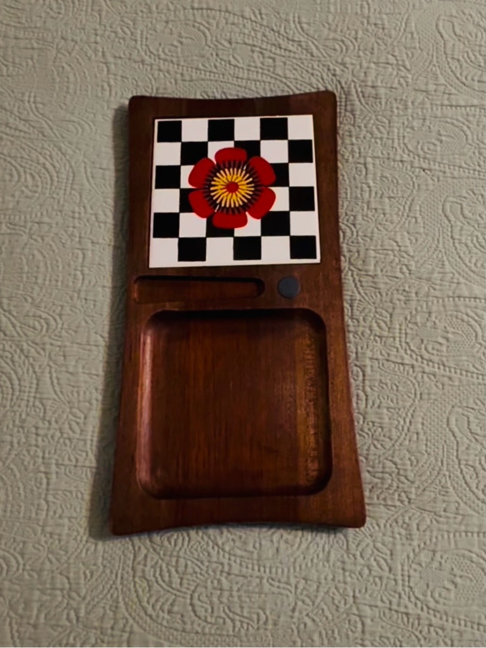 Mid-century modern walnut wood/tile cheese board, used